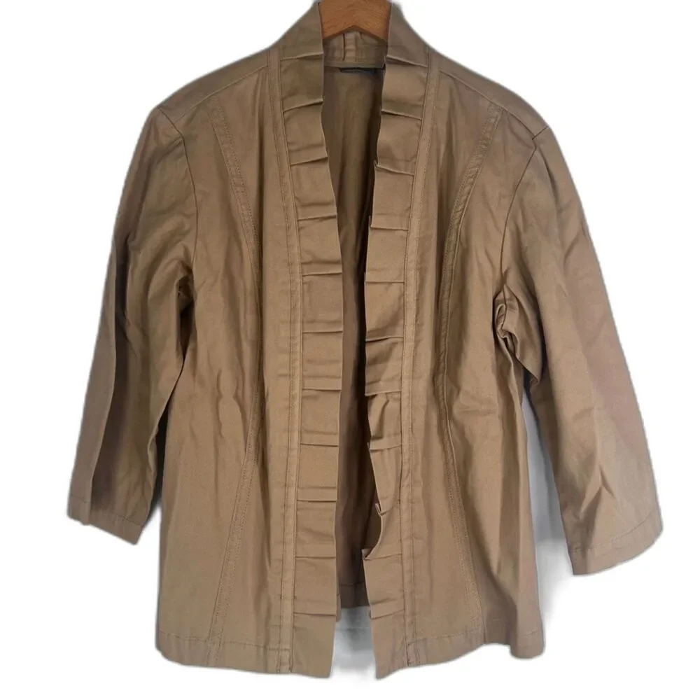 Additions by Chico's Tan Open Front Pleated Trim Khaki Jacket Cotton Size 2/MD